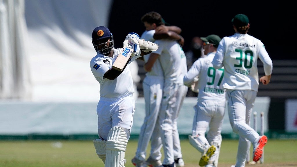 AP : Sri Lanka's Asitha Fernando leaves the crease after being dismissed by South Africa's Marco Jansen, for a duck during the second day of the first Test cricket match between South Africa and Sri Lanka, at Kingsmead stadium in Durban, South Africa, Thursday, Nov. 28, 2024.