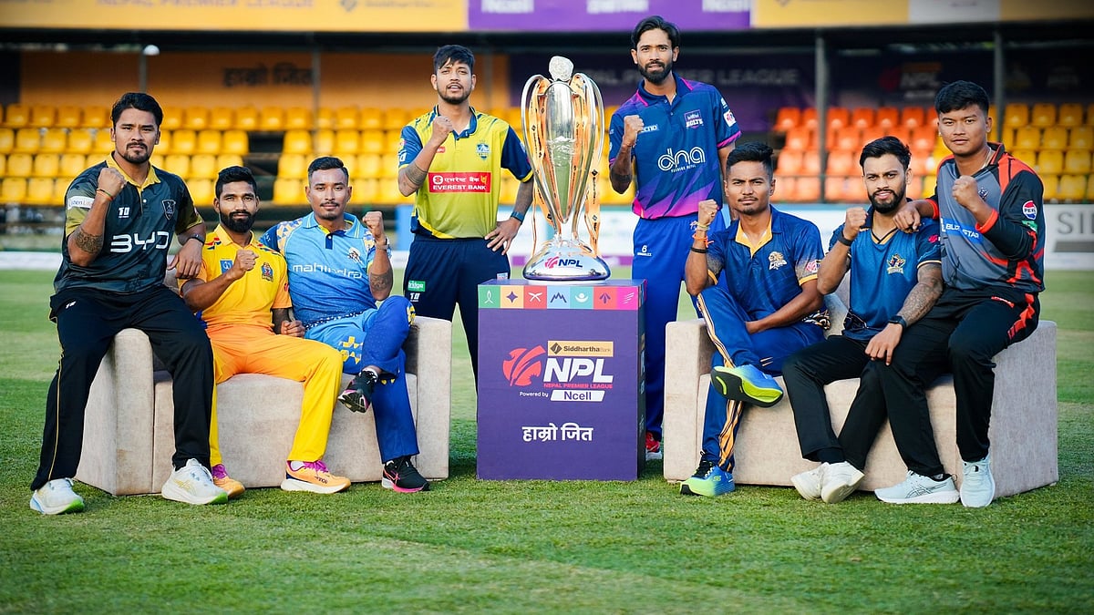 X/OfficialNPLT20 : The captains of the eight franchises posing with the NPL 2024 trophy.