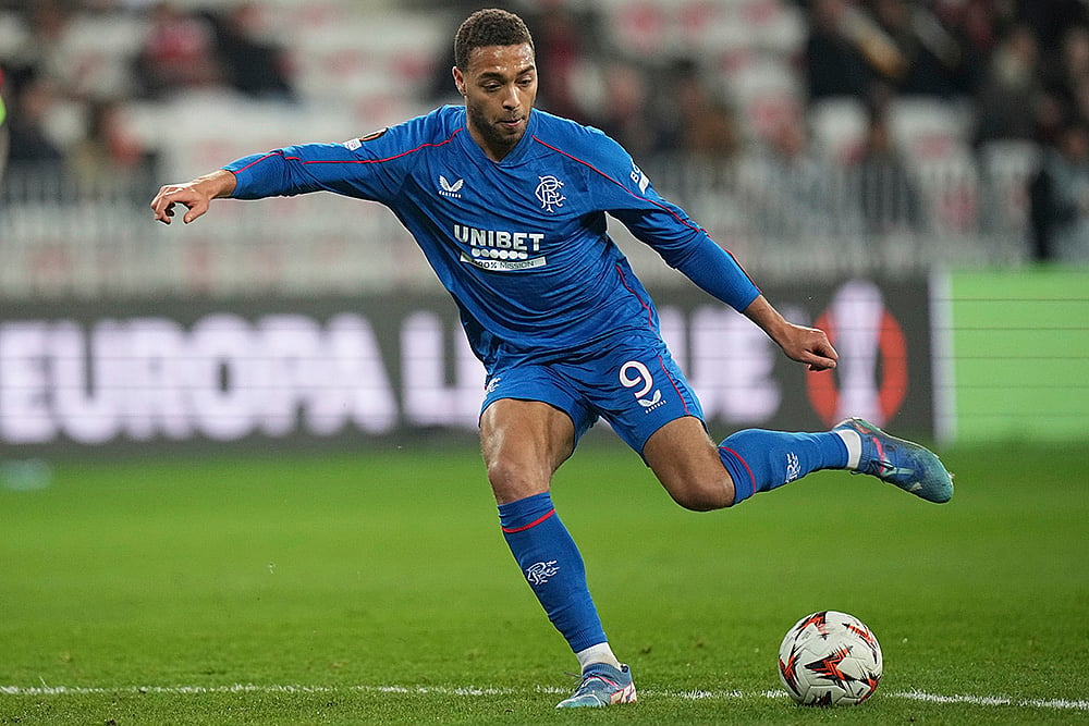 | Photo: AP/Laurent Cipriani : UEFA Europa League: Rangers' Cyriel Dessers controls a ball 