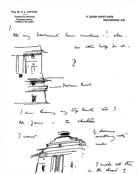 Edwin Lutyens’ notes/sketches of the Government House (now the majestic Rashtrapati Bhavan) on his letterhead. These images have been taken from New Delhi Making of a Capital by Malvika Singh, Rudrangshu Mukherjee and Pramod Kapoor.