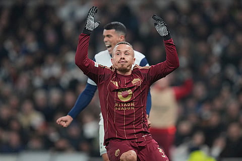 UEFA Europa League: Roma's Angelino reacts after missing a scoring chance