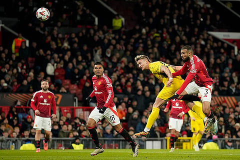 UEFA Europa League: Glimt's Kasper Hogh, second right, heads the ball 