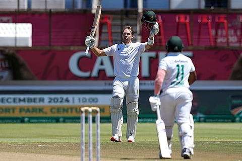 RSA Vs SL, 1st Test Day 3: South Africa's Tristan Stubbs raises his bat after reaching his century 