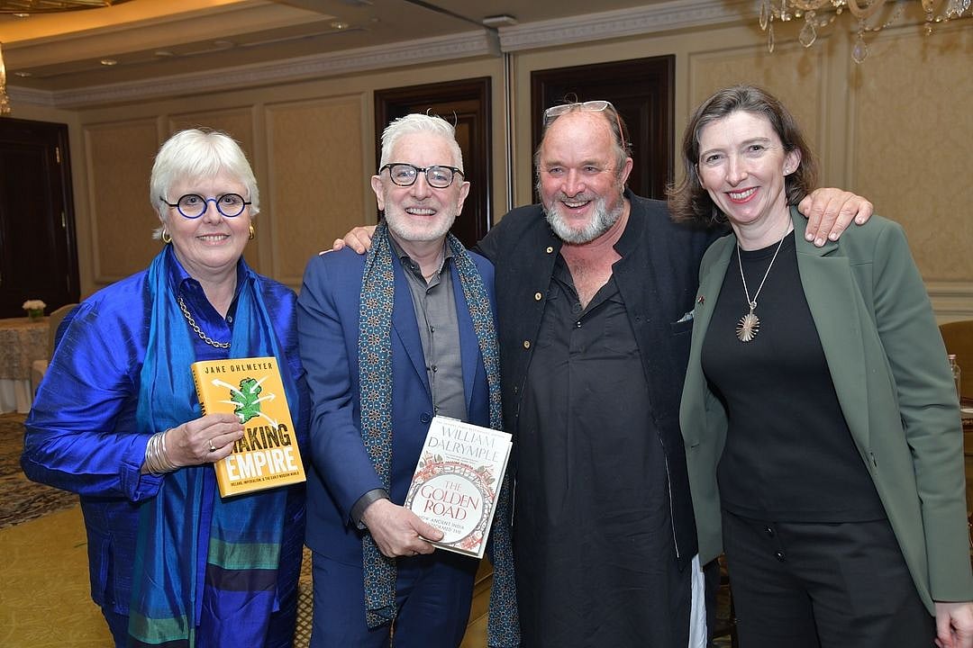 Photo: Irish Embassy : Historians William Dalrymple and Jane Ohlmeyer with Irish Ambassador Kevin Kelly and British High Commissioner Lindy Cameron