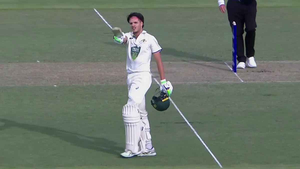 X/Cricket Australia : The 19-year-old Sam Konstas celebrates his century for Prime Minister's XI against India in Canberra on Sunday (December 1, 2025).