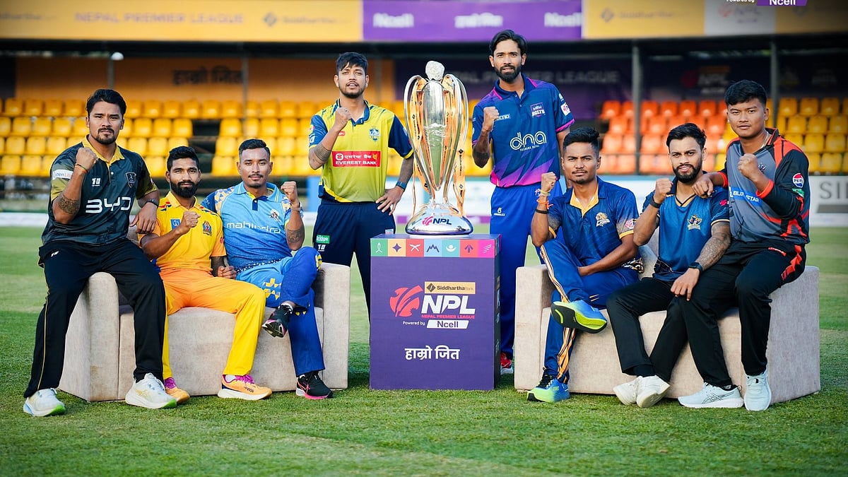 X | Nepal Premier League  : Nepal Premier League 2024 trophy with the teams' captains. 