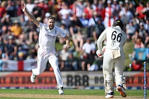 NZ vs ENG 1st Test: England bowler Chris Woakes celebrates the dismissal of New Zealand batsman Tom Blundell