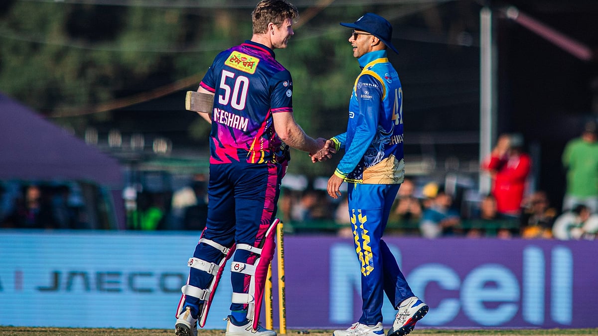 X/OfficialNPLT20 : Karnali Yaks' Shikhar Dhawan (Right) in conversation with Janakpur Bolts' Jimmy Neesham.