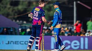X/OfficialNPLT20 : Karnali Yaks' Shikhar Dhawan (Right) in conversation with Janakpur Bolts' Jimmy Neesham.