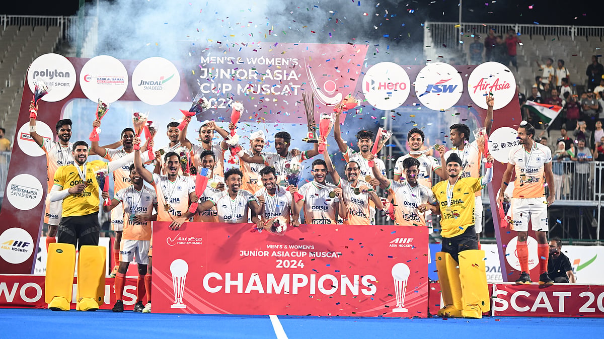 India colts celebrate after winning the Junior Asia Cup 2024 hockey title in Muscat, Oman on Wednesday (December 4). - Hockey India