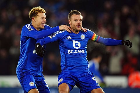 English Premier League: Jamie Vardy, right, celebrates after scoring the opening goal