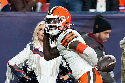 NFL: Browns wide receiver Jerry Jeudy reacts after his successful 2-point conversion