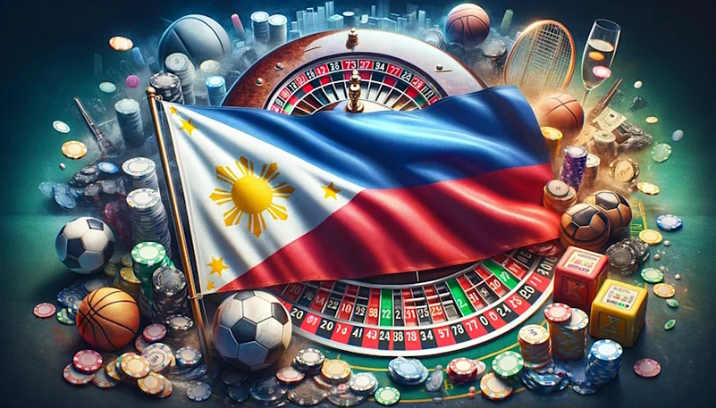 Philippine flag over sports and casino elements like balls, chips, and roulette wheel.