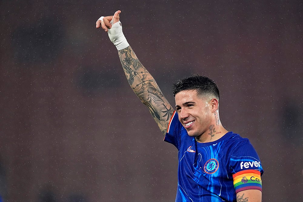 | Photo: Andrew Matthews/PA via AP : EPL 2024-25: Chelsea's Enzo Fernandez celebrates after the match