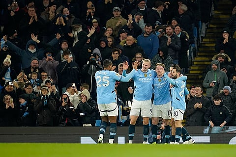 EPL 2024-25: City's Bernardo Silva, right, celebrates with teammates after scoring the opening goal