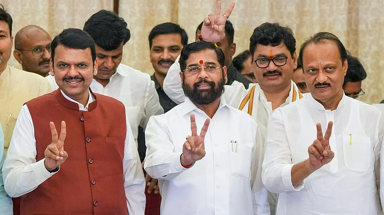 Shiv Sena chief Eknath Shinde with BJP leader Devendra Fadnavis, Maharashtra party President Chandrashekhar Bawankule, NCP chief Ajit Pawar and party leader Praful Patel during a press conference, at Governor house in Mumbai, Wednesday, Dec. 4, 2024. - PTI