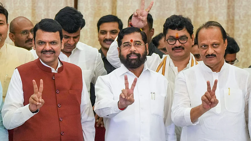 Maharashtra Shiv Sena chief Eknath Shinde with BJP leader Devendra Fadnavis Ajit Pawar