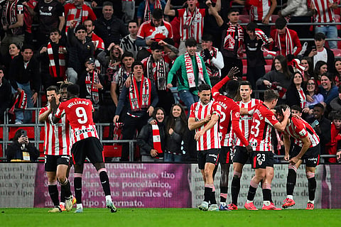 La Liga 2024-25: Athletic Bilbao's Gorka Guruzeta celebrates with teammates after scoring his sides second goal
