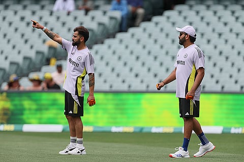 IND Vs AUS 2nd Test Day 1: India's captain Rohit Sharma, right, and teammate Virat Kohli train before the start