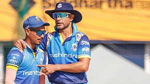 X/Karnali Yaks : Shikhar Dhawan (right) in action at the the Nepal Premier League.
