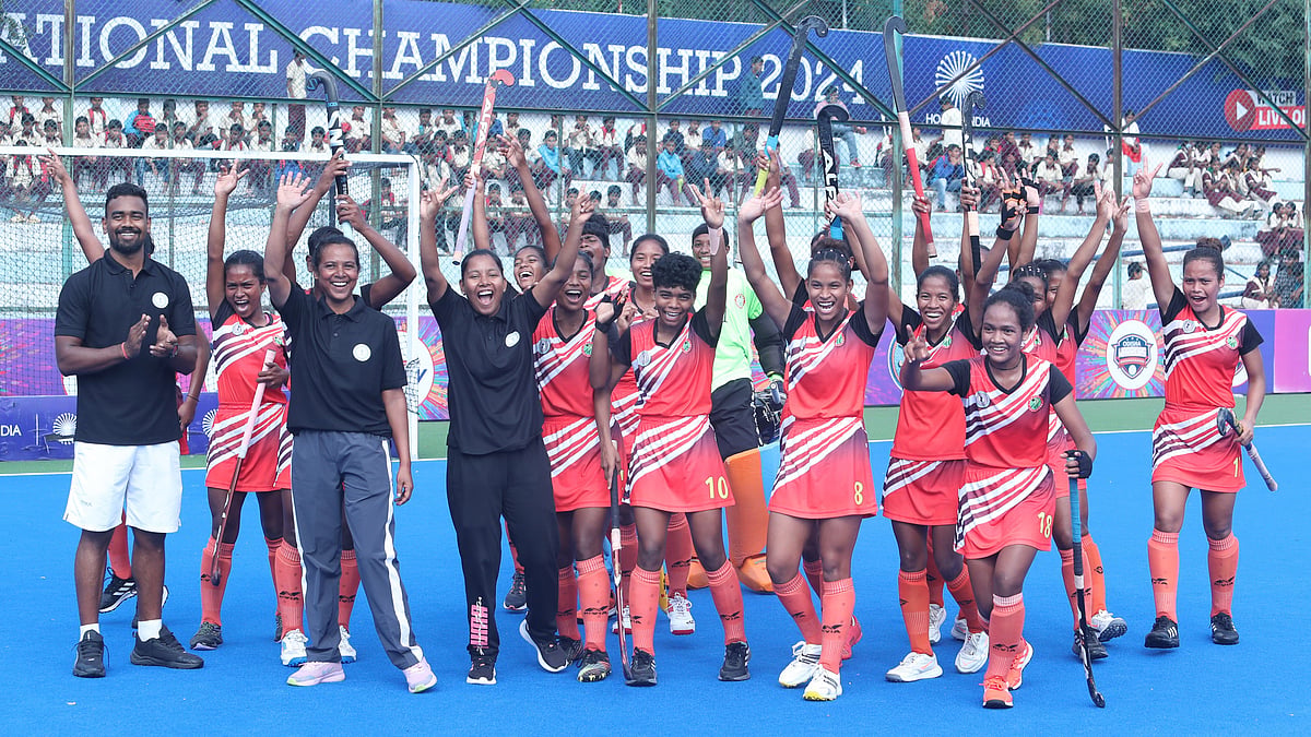 Jharkhand celebrate after winning the Sub-Junior Women National Hockey Championship. - Hockey India