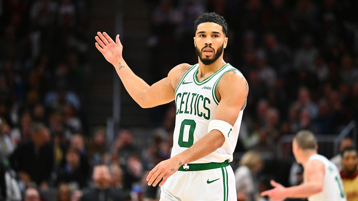 Jayson Tatum #0 of the Boston Celtics reacts during the third quarter against the Cleveland Cavaliers at Rocket Mortgage Fieldhouse on December 01, 2024 in Cleveland, Ohio.