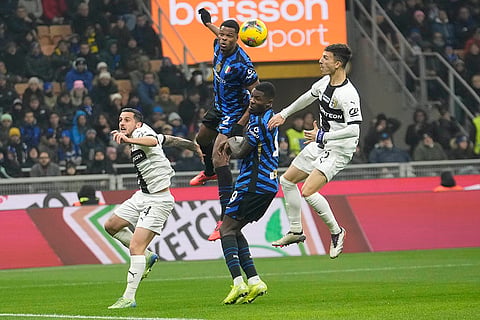 Italy Serie A 2024-25: Inter Milan's Denzel Dumfries heads the ball 
