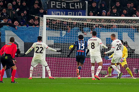 Italy Serie A 2024-25: Atalanta's Ademola Lookman, left covered, scores his side's second goal