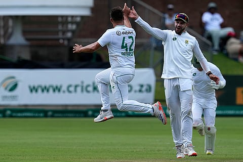 RSA Vs SL 2nd Test Day 2: South Africa's Dane Paterson celebrates with Aiden Markam, after dismissing Sri Lanka's Dinesh Chandimal 