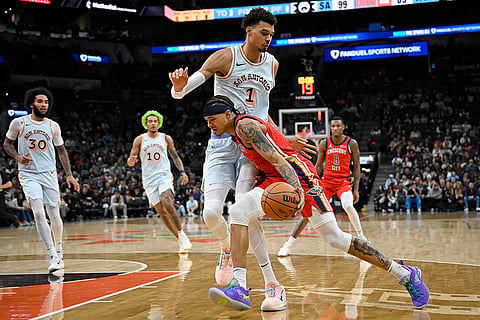 NBA Pelicans vs Spurs Basketball: Pelicans' Brandon Boston drives against Spurs' Victor Wembanyama 