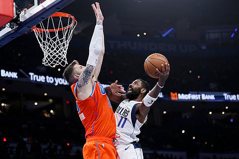 NBA Cup quarterfinals: Mavericks guard Kyrie Irving (11) prepares to shoot against Thunder center Isaiah Hartenstein