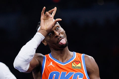 NBA Cup quarterfinals: Thunder guard Shai Gilgeous-Alexander (2) sticks his tongue out while celebrating a 3-pointer