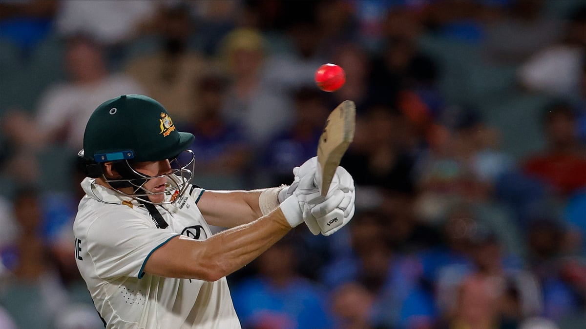 AP Photo/James Elsby : Australia's Marnus Labuschagne plays a shot during day one of the second cricket test match between Australia and India at the Adelaide Oval.
