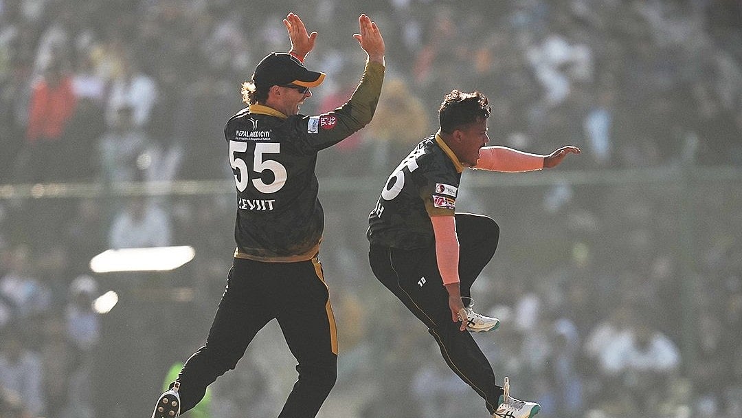 X/OfficialNPLT20 : Dipesh Kandel celebrates a wicket against Lumbini Lions.