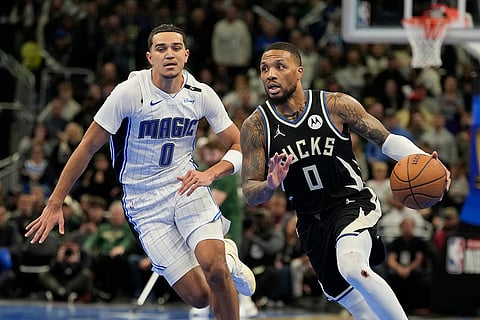 NBA Cup quarterfinals: Bucks' Damian Lillard drives past Magic's Anthony Black