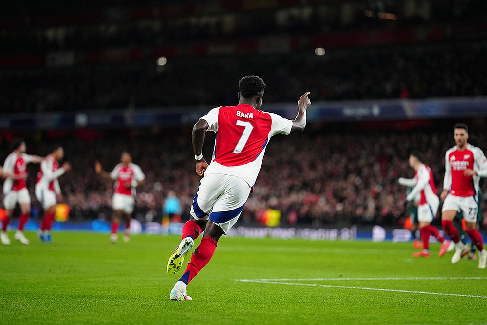 UEFA Champions League Soccer Arsenal vs Monaco football match photos: Bukayo Saka