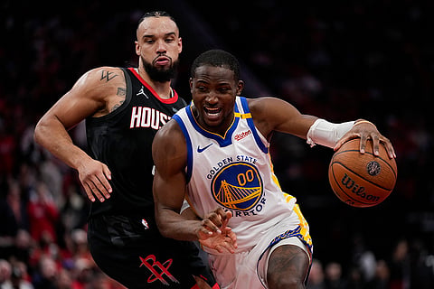 NBA Cup: Rockets forward Dillon Brooks, left, defends against Golden State Warriors forward Jonathan Kuminga