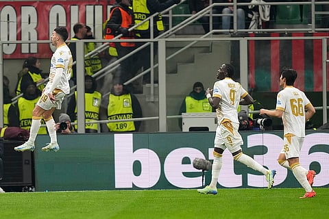 UEFA Champions League: Red Star's Nemanja Radonjic, left, celebrates with teammates after scoring his sides first goal 