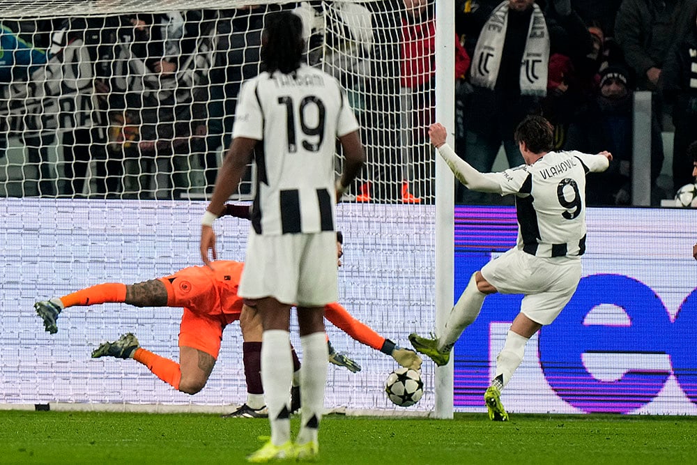 UEFA Champions League Soccer Juventus vs Manchester City football match photos: Dusan Vlahovic