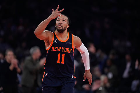 NBA Cup Quarter-Final: Knicks' Jalen Brunson (11) gestures after making a three-point shot