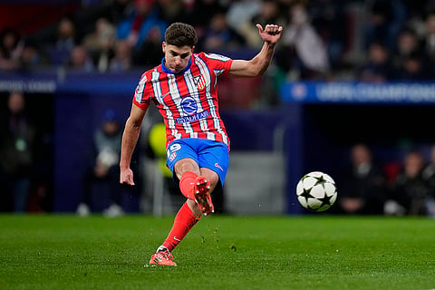UEFA Champions League: Atletico Madrid's Julian Alvarez shoots to score the opening goal