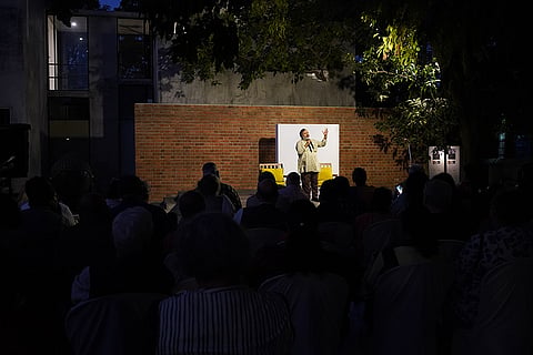 Devdutt Pattanaik giving a talk during the bengal biennale