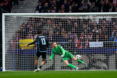 UEFA Champions League: Slovan's David Strelec, left, scores his side's first goal 