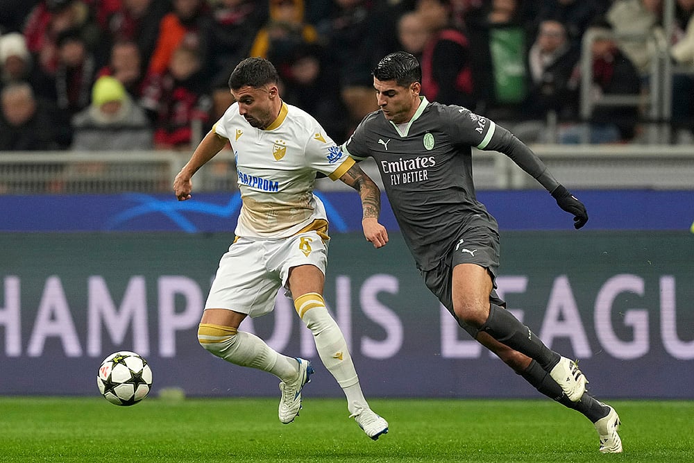 UEFA Champions League soccer AC Milan and Red Star Belgrade football match photos: Alvaro Morata