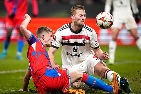 UEFA Europa League: Plzen's Lukas Cerv, left, challenges for the ball with Man United's Matthijs de Ligt
