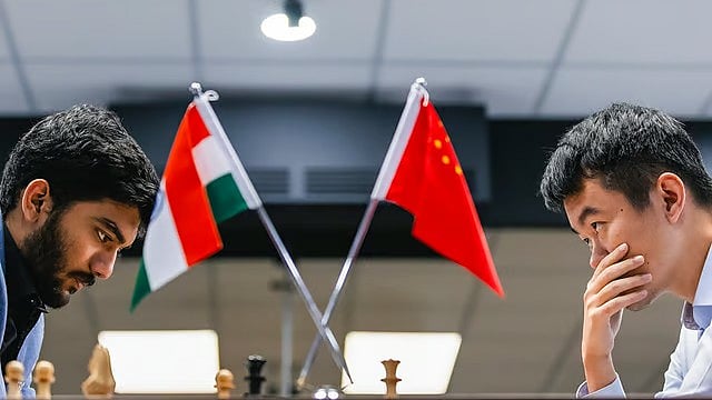FIDE/Eng Chin An via PTI : India's D Gukesh and China’s Ding Liren during the 14th game of the FIDE World Chess Championship 2024, in Singapore.