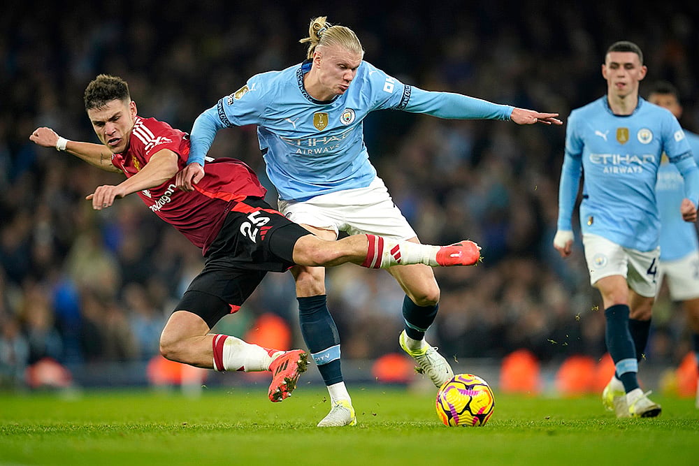 English Premier League Soccer Man City Vs Man United football match pics: Erling Haaland