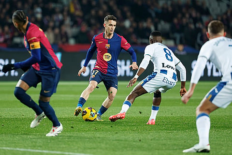 La liga 2024-25: Barcelona's Marc Casado and Leganes' Seydouba Cisse challenge for the ball 