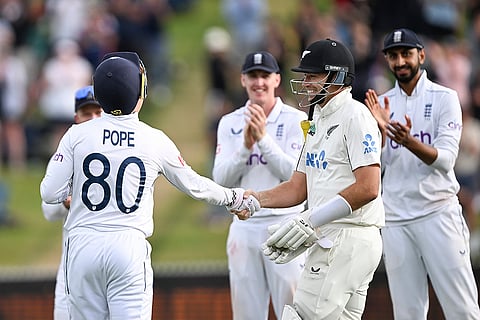 NZ vs ENG 3rd Test Day 3: England's Ollie Pope and teammates welcome New Zealand's Tim Southee to the crease