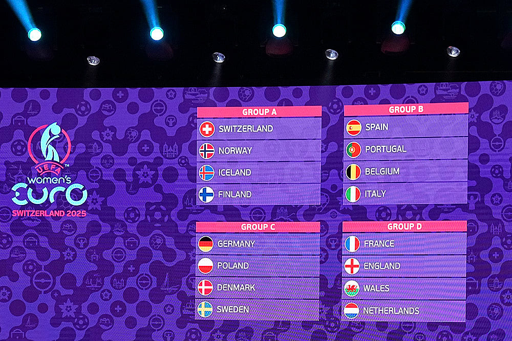 | Photo: AP/Laurent Cipriani : Women's Euro 2025 Draw: The tournament groups are displayed on the video wall